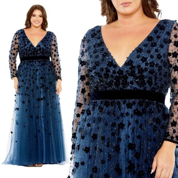 Mac Duggal 68440 Size 20W 20 Navy Floral Applique Long Sleeve A Line Gown Dress - Picture 1 of 4